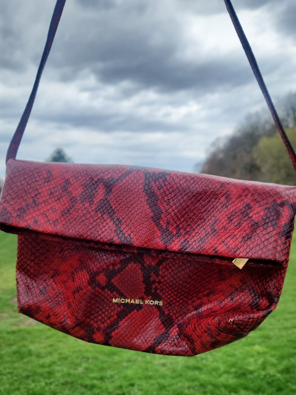 Michael Kors Red Snake Embossed Daria Foldover Shoulder Bag EUC